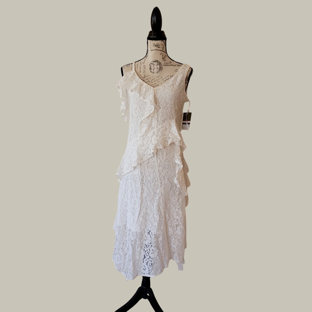 Taylor White Floral Lace Ruffle Asymmetrical Midi Dress NEW Size 6 Romantic